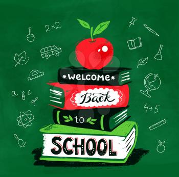 Vector illustration of apple on books with Welcome Back to School lettering on green chalkboard background.