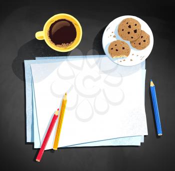 Top view vector illustration of coffee cup, cookies and color pencils laying on paper on chalkboard background.