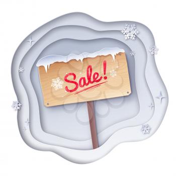 Vector paper cut style illustration of Sale wooden signboard and white layered shapes banner.