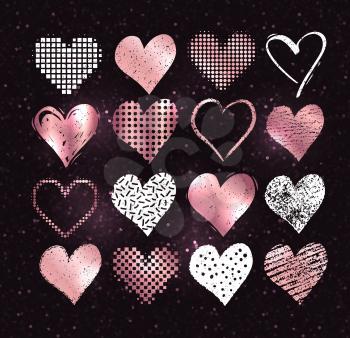 Vector collections of white and rose gold grunge Valentine hearts on dark glitter background.