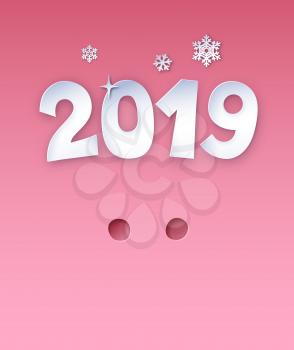 Vector cut paper art style illustration of 2019 New Year postcard with Pig nose on pink background.