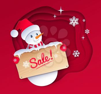 Vector paper cut style illustration of cute Snowman character with sale wooden signboard on red layered cutout shapes 
background.