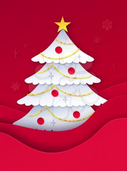 Vector illustration of decorated fir tree on red paper cut layered shapes background.