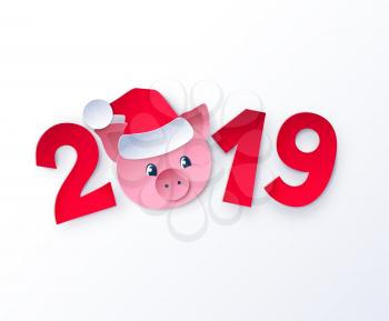 Vector cut paper art style illustration of red 2019 numbers lettering with cute piggy face in Santa hat on white background.