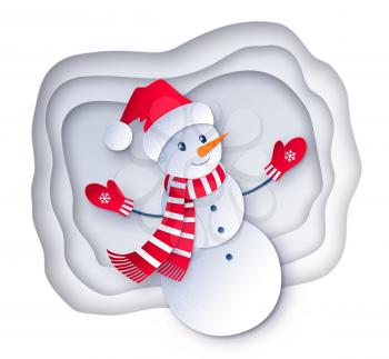 Vector cut paper art style illustration of Snowman wearing santa hat and scarf isolated on white layered banner background.