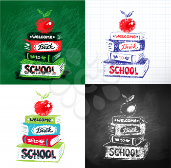 Vector collection of illustrations with red apple on books with Welcome Back to School lettering on white, checkered paper and chalkboard backgrounds.