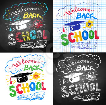Vector collection of Welcome Back to School posters with mortarboard cap on chalkboard, notebook paper and white background.