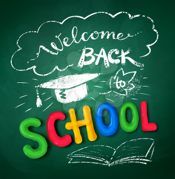 Welcome Back to School poster with plasticine letters, mortarboard cap on green chalkboard background.