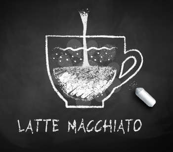 Vector black and white sketch of Latte Macchiato coffee on chalkboard background with piece of chalk.
