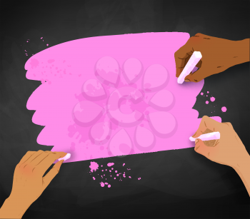Vector illustration of three female hands drawing with chalk on pink banner on chalkboard background.