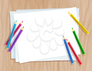 Top view vector illustration of color pencils lying on paper sheets on light wooden desk background.