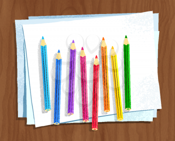 Top view vector illustration of color pencils lying on paper on brown wooden desk background.
