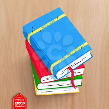 Top view vector illustration of books with realistic shadow on wooden table background.