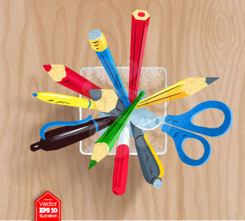 Top view vector illustration of pencils, pens and scissors in holder on wooden desk background.
