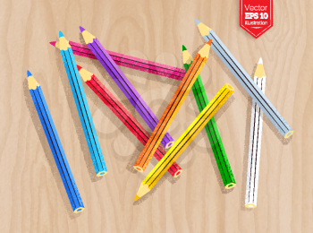 Top view vector illustration of color pencils on light wood desk background.