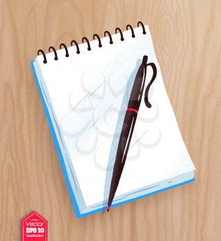 Top view vector illustration of notepad and pen on wooden table background.