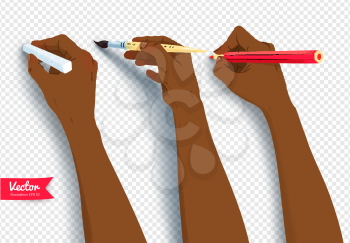 Vector collection of african american hands drawing with brush, pencil and chalk isolated on transparency background.