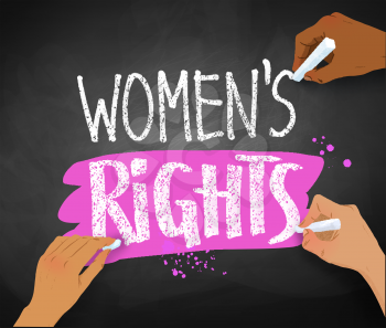 Vector illustration of three female hands writing Women Rights slogan with chalk on blackboard background.