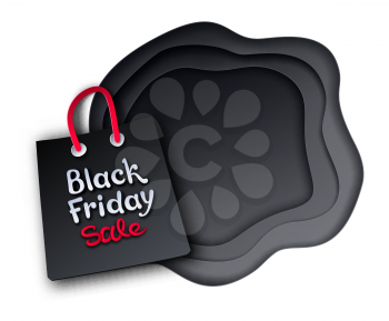 Vector paper cut art style illustration of Black Friday sale shopping bag and dark layered shapes banner on white background.