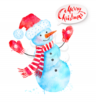 Vector Christmas watercolor illustration of Snowman wearing santa hat, scarf and mittens with paint splashes isolated on white background.