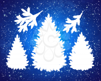 Vector collection of Christmas spruce trees and branches silhouettes in blue and white colors on background with glitter. 