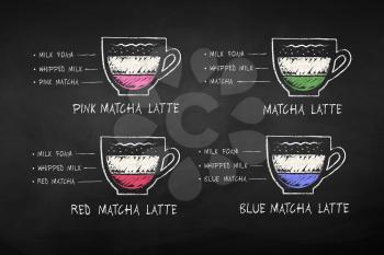 Vector illustration of color chalk drawn Matcha tea recipes on chalkboard background.