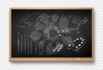 Vector illustration set of artist tools on chalkboard with shadow isolated on transparency background.