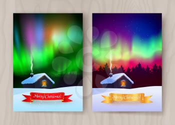 Vector illustration of winter night landscape with house and aurora borealis skies.