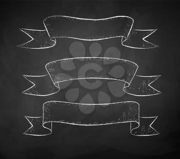 Vector collection of black and white chalk drawing of scroll banners on chalkboard background.