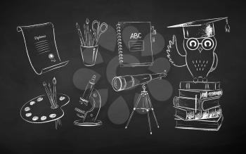 Vector black and white chalk drawn illustration set of education symbol objects on chalkboard background.