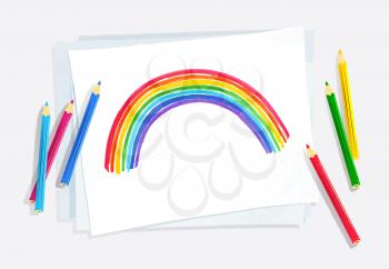 Top view vector illustration of child drawing of rainbow arc on white paper  background with pencils.