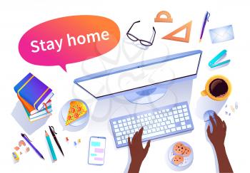 Stay Home concept vector top view illustration with isolated objects on white background.