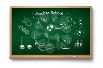 Vector chalk drawn illustration set of science symbol objects on green chalkboard with shadow isolated on white background.