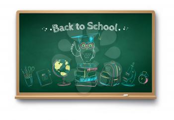 Vector color chalk drawn illustration collection of education objects on green chalkboard with shadow isolated on white background.