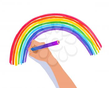 Vector illustration of hand drawing rainbow arc with pencil on white background.