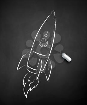 Vector black and white chalk drawn illustration of rocket on black chalkboard background.