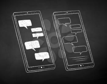 Vector black and white chalk drawn illustration of smartphone on chalkboard background.