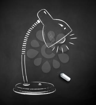 Vector black and white chalk drawn illustration of lamp on chalkboard background.