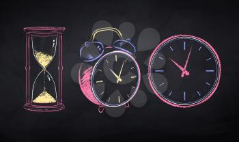 Vector color chalk drawn illustration set of clock on black chalkboard background.