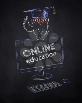 Owl in mortarboard sitting on desktop computer monitor. Vector color chalk drawn illustration of online education concept on black chalkboard background.