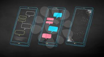 Vector color chalk drawn illustration of smartphone on black chalkboard background.