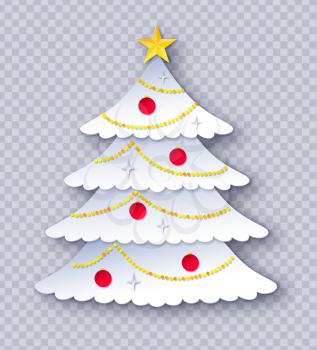 Vector cut paper art style illustration of Christmas Tree on transparency background.