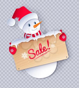 Vector paper cut style illustration of cute Snowman character with sale wooden signboard on transparency background.