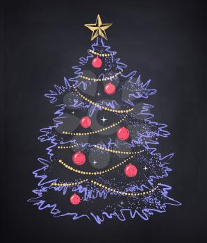 Vector chalked illustration Christmas tree decorated with balls, garlands and star on black chalkboard background. 