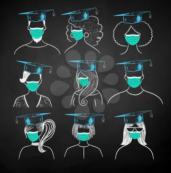 Vector chalk illustration collection of new normal students wearing face masks and mortarboards on black chalkboard background.
