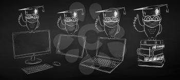 Vector bw chalk illustration isolated set of student owl wearing face mask and computer devices on black chalkboard background.