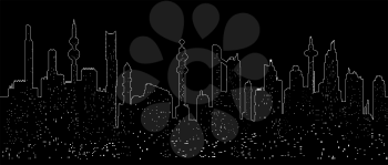 Seamless minimalistic horizontal vector illustration with cityscape silhouette. Simple one line style with night lights on black background.