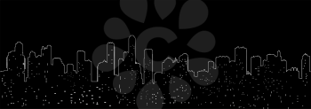 Seamless minimalistic horizontal vector illustration with cityscape silhouette. Simple one line style with night lights on black background.