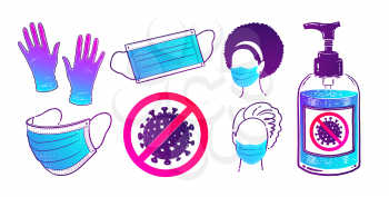 Vector color illustration set of virus protection items and people wearing face masks isolated on white background.