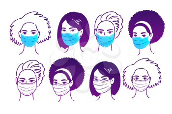 Vector  illustrations set of female multiethnic portraits wearing protection medical masks isolated on white background. Coronavirus quarantine set.